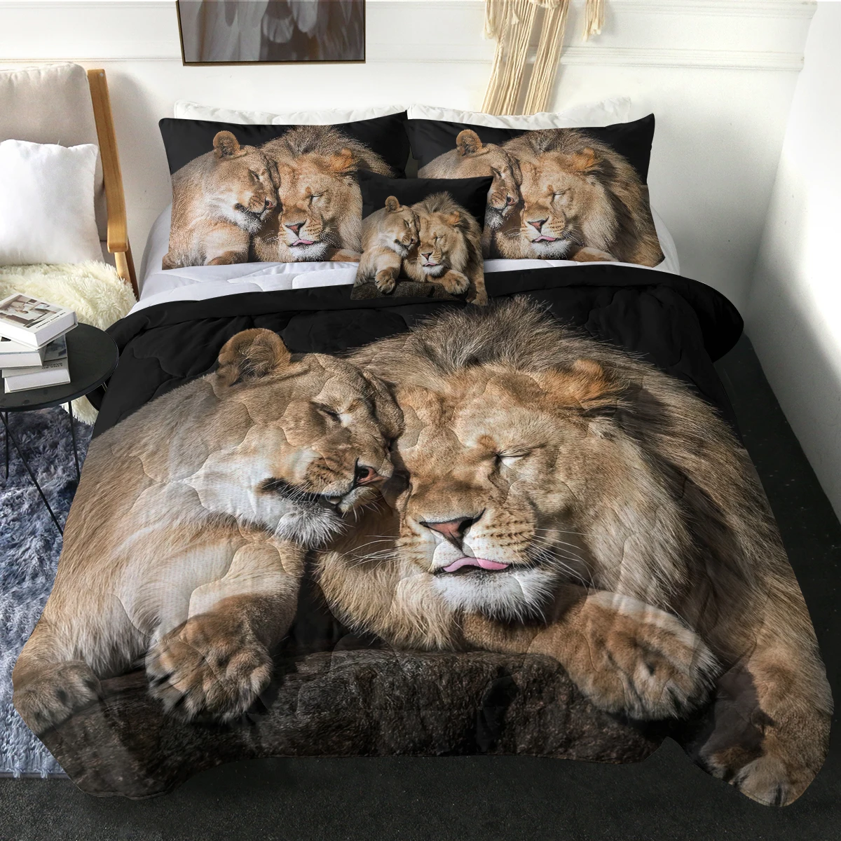 

Two Lions Lying Together Printed Comforter Set Perfect Gift for Animal Lovers Modern Bedspread Home Decor