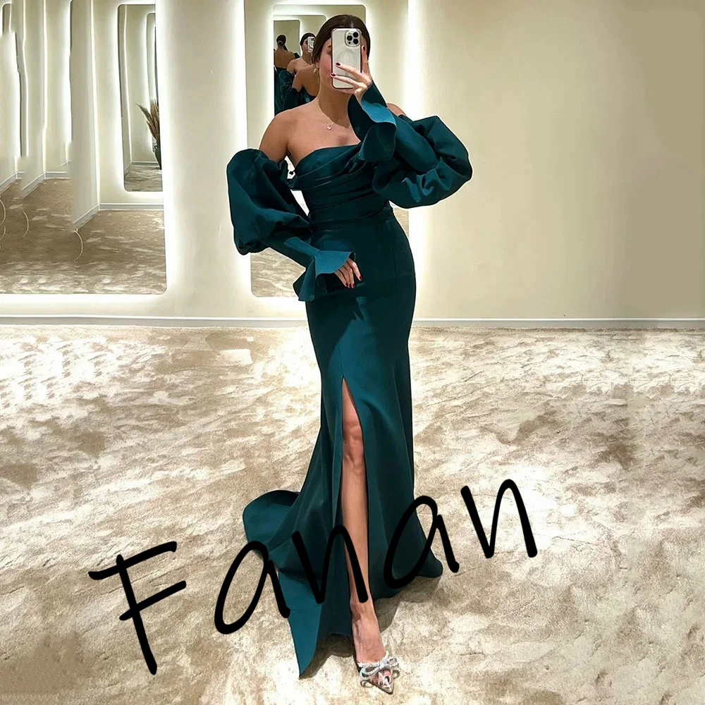 فستان سهرة Yipeisha بسيط بدون حمالات مخصص من الجيرسيه وأكمام منتفخة للحفلات سويب تراين جانبي بفتحة متوسطة رسمية Pr #4