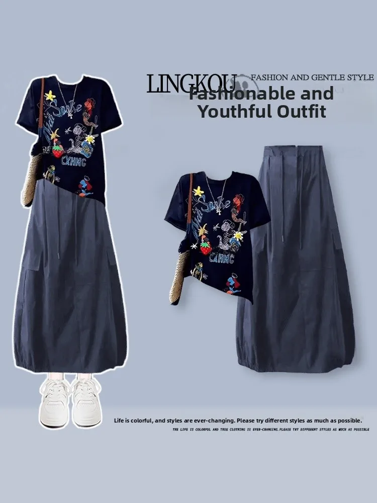 

Casual round Neck T-Shirt And Skirt Set for Women Summer Comfortable Slimming Cartoon Letter Print Loose Fit Short Sleeve