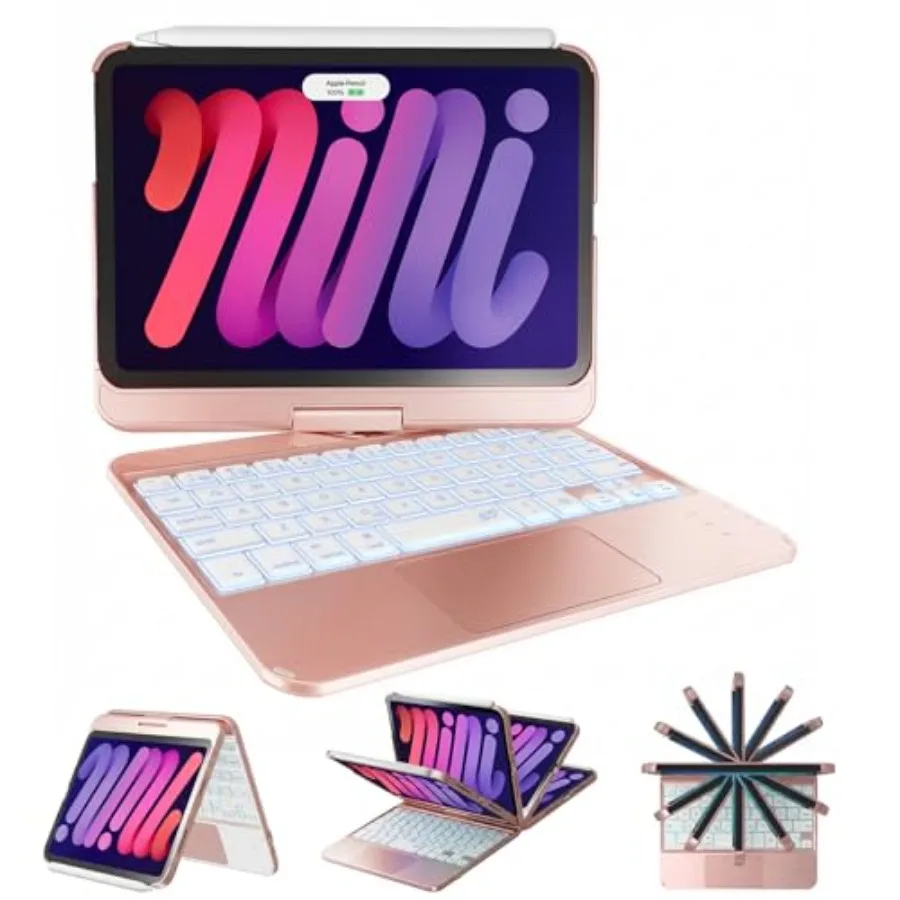 

Keyboard Case for iPad mini 7 A17 Pro 2024 Mini 6: 360 rotatable laptop-like cover with trackpad wireless Bluetooth rainbow bac