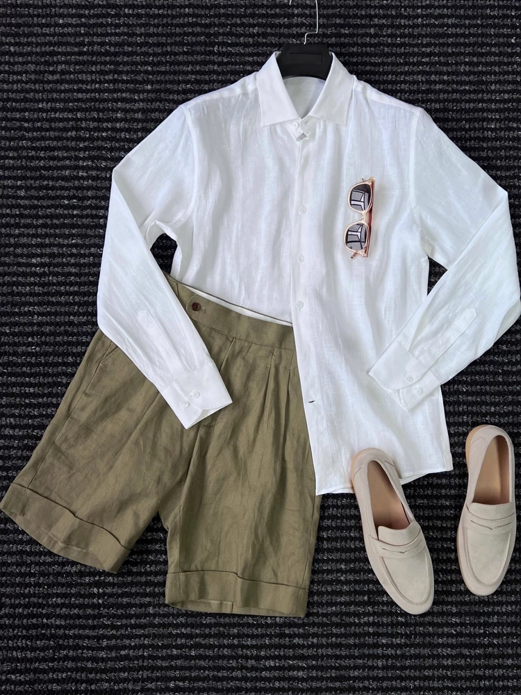 

Новая мужская приталенная льняная рубашка с длинным рукавом 2025 года, однотонная, деловая, класса люкс, в минималистичном стиле, европейские товары, с воротником