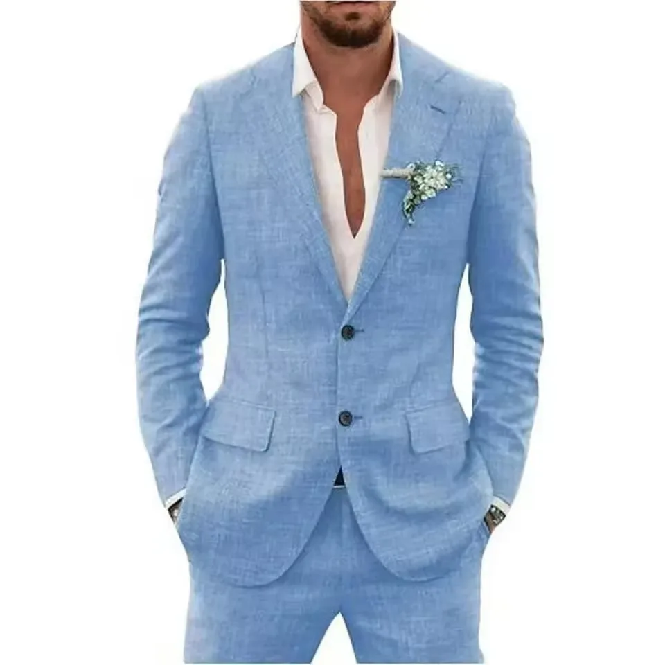 

Casual Sky Blue Linen Suit for Men Blazer Pant Set Summer Beach Party Notched Lapel Slim Fit Wedding Suit Prom Groom Tuxedo