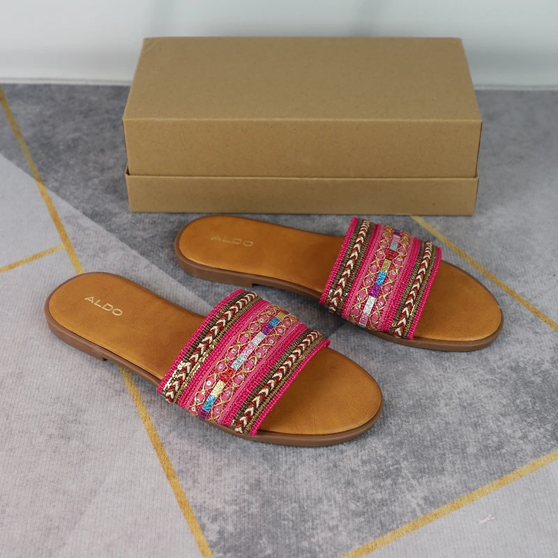 Summer Flat Slippers for Ladies 2024 New Weaving Ethnic Style Open Toe Beach Non Slip Women's Shoes Outdoor Walking Slides