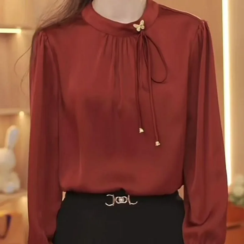 

2024 Autumn New Chiffon Satin Long Sleeve Round Neck Shirt Commuting Bow Versatile Elegant Pullover