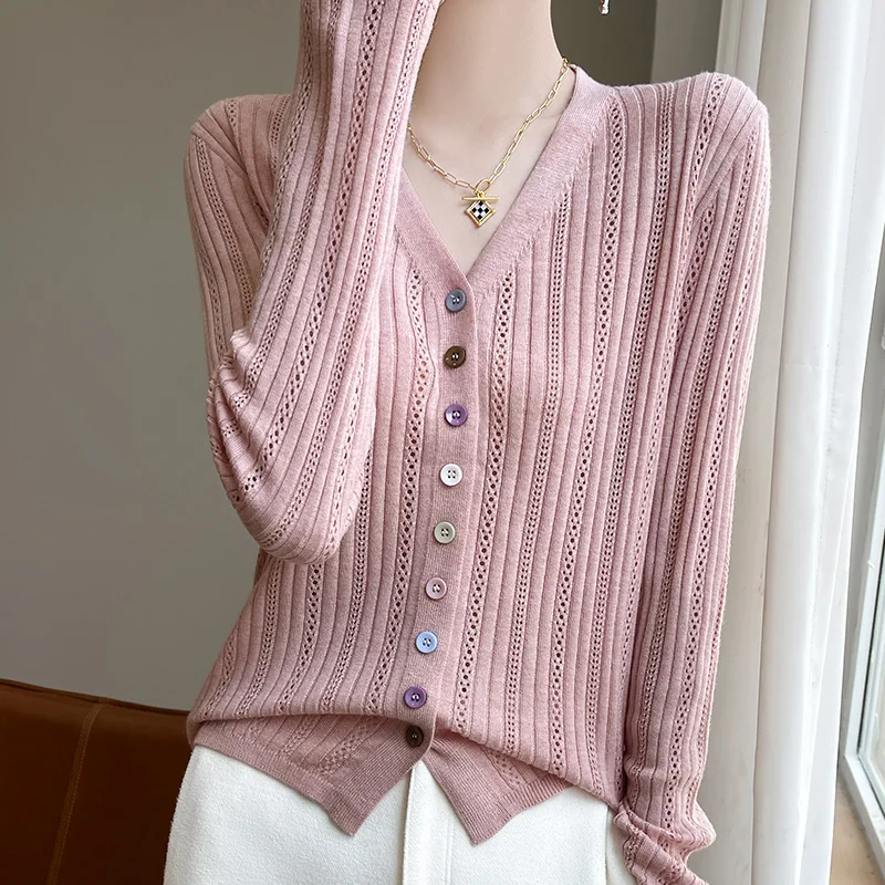Woman's Wool Cardigan Boutique Thin And Light Solid Color Soft Knit Cardigan Sweater  V-Neck Cozy Casual Versatile Women Sweater