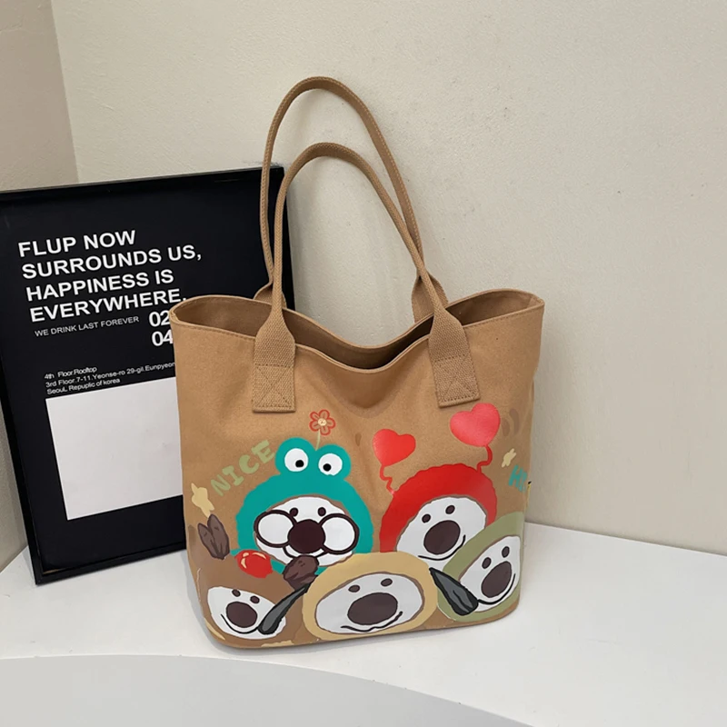 

Women Casual Bags Canvas Handbag Fashion Cartoon Shoulder Bag Khaki Tote Female leisure Travel Bag Large Capacity Shopping Bag