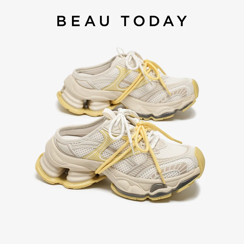 BEAUTODAY Chunky Sneakers Women Split Leather Mesh Round Toe Lace-up Sports Trainers Ladies Patchwork Shoes Handmade 38556