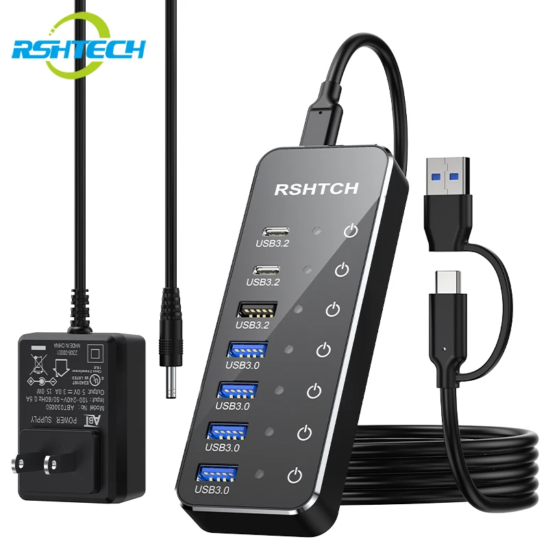 RSHTECH USB C HUB USB3.2 Gen 2 tipo C expansor interruptores táctiles individuales multipuerto USB Hubs divisor para ordenador portátil Macbook