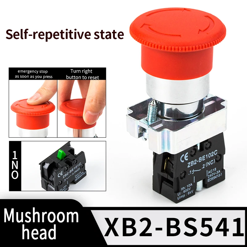 22mm XB2 Series Emergency Stop Button switch NO/NC 10A/415V red mushroom head emergency stop button switch