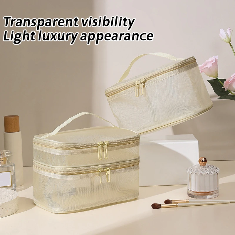 Travel Mesh Wash Storage Bag Makeup Organizer Cosmetics Make Up Skincare Box Plastic Container Handbag For Women Men Bathroom