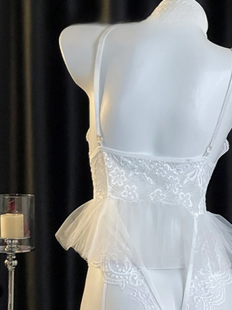 Sexy Ballet Lace Cutout One-Piece Dress,Tulle Short Skirt and Backless Design,Romantic Atmosphere Uniform Women’s Pure Desire