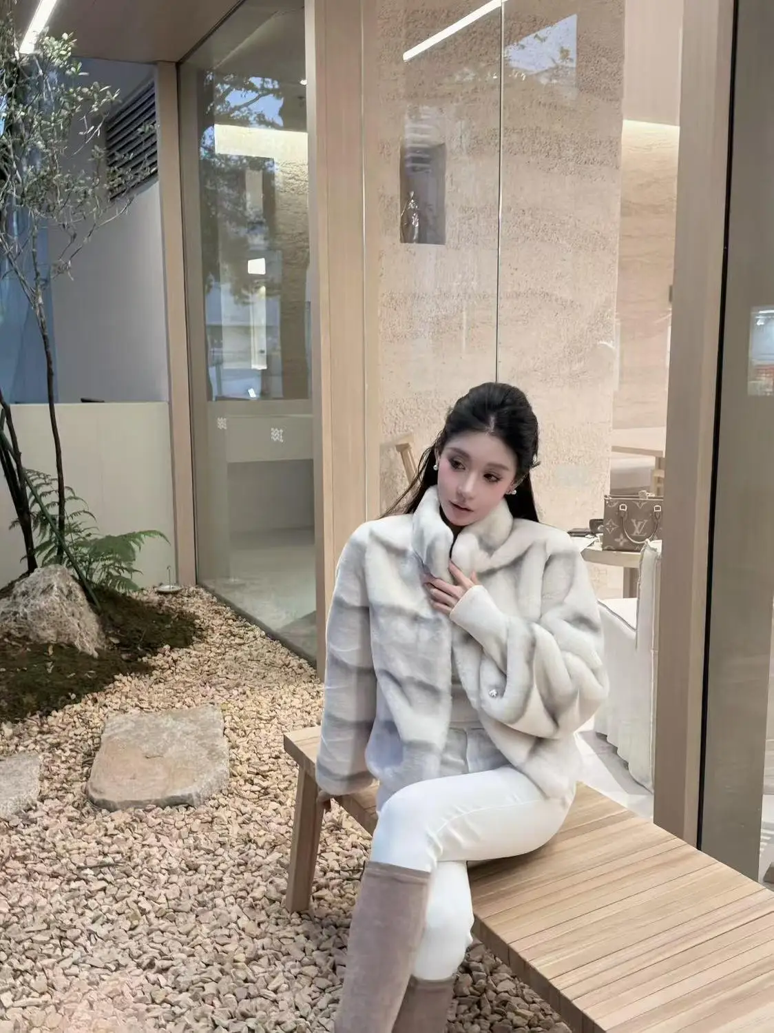 Ombre Dye Coat Women's Cropped Stand Collar Jacket Luxe Faux Fur Oversized Winter Coat