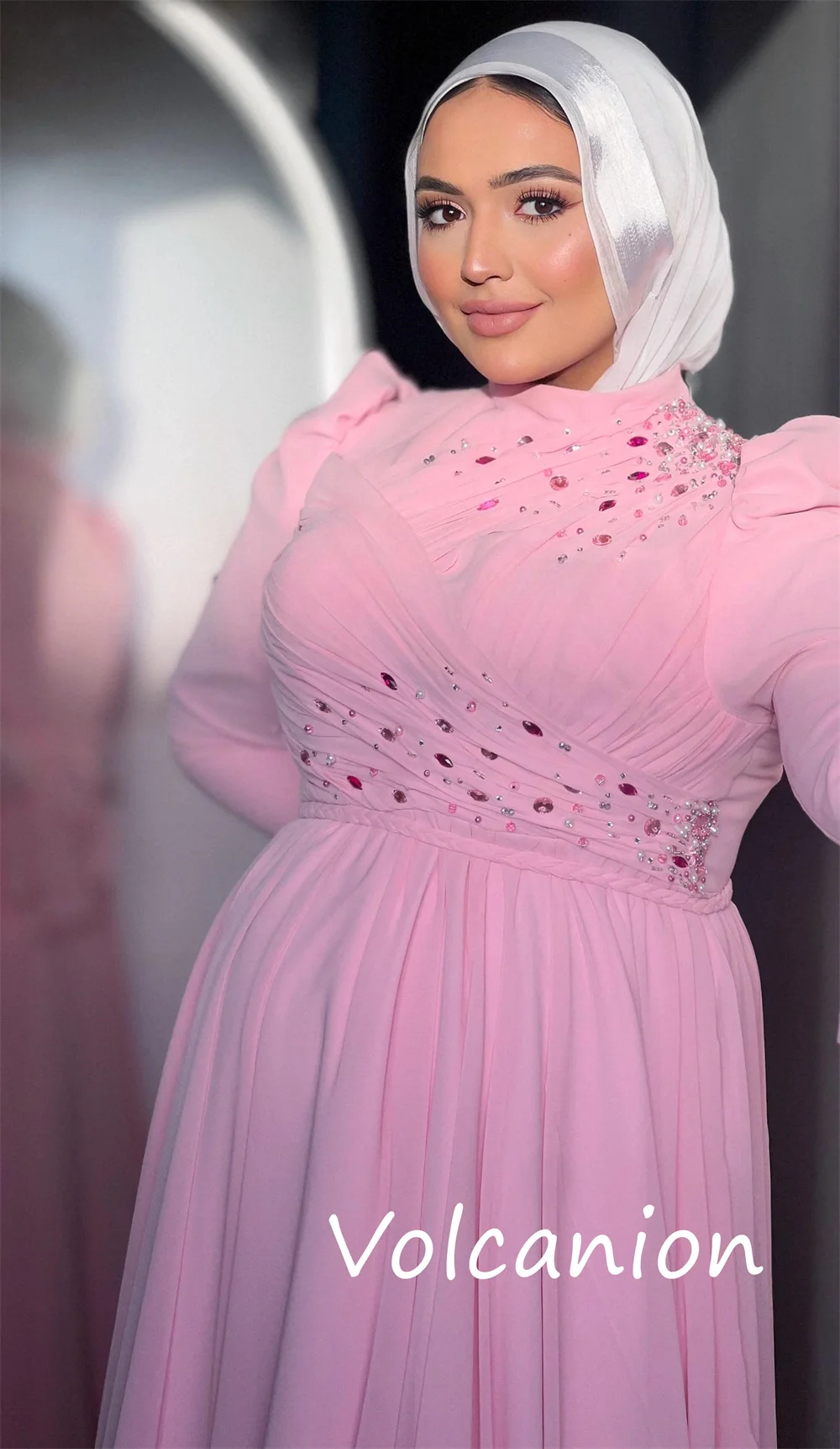 Customized Exquisite Jersey Sequined Pleat A-line High Collar Long Dresses Bespoke Occasion Matching Classic