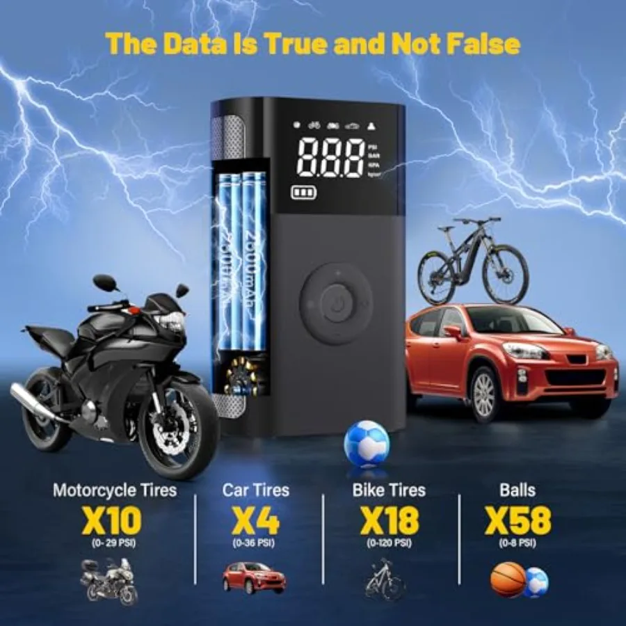 ضاغط هواء محمول 150 رطل لكل بوصة مربعة منفاخ لإطارات السيارة مع 5 أوضاع إضاءة LED إشارة SOS مثالية لإطارات السيارات والدراجات النارية والرياضة B