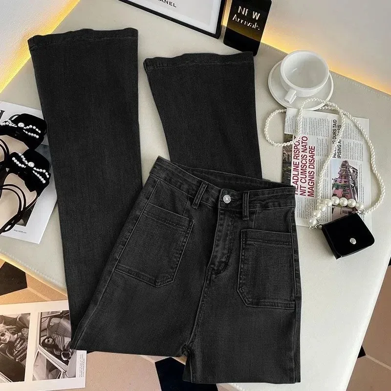 Spring Fall Casual Vintage Pantalones Slim Vaqueros Pockets Streetwear High Waist Flare Denim Pants Women Korean Straight Jeans