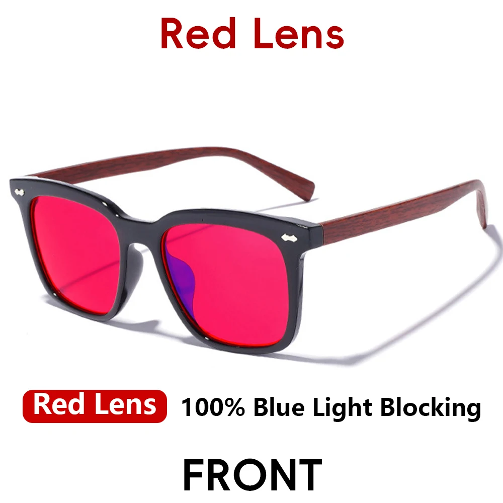 Black Square Frame Blue Light Blocking Glasses Red Orange Tint with Wood Temples UV400 Anti Fatigue for Computer Gaming Sleeping