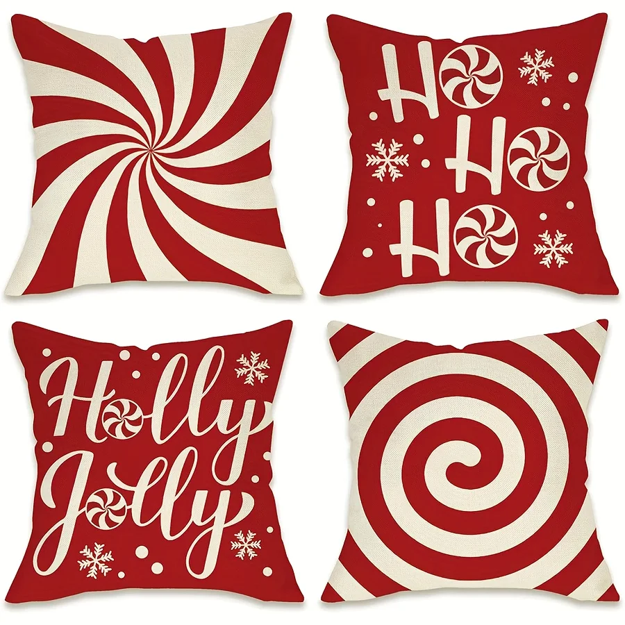 4pcs, Christmas Peppermint Candy Red Decorative Throw Pillow Covers, Xmas Holly Jolly Porch Patio Outdoor Pillowcase
