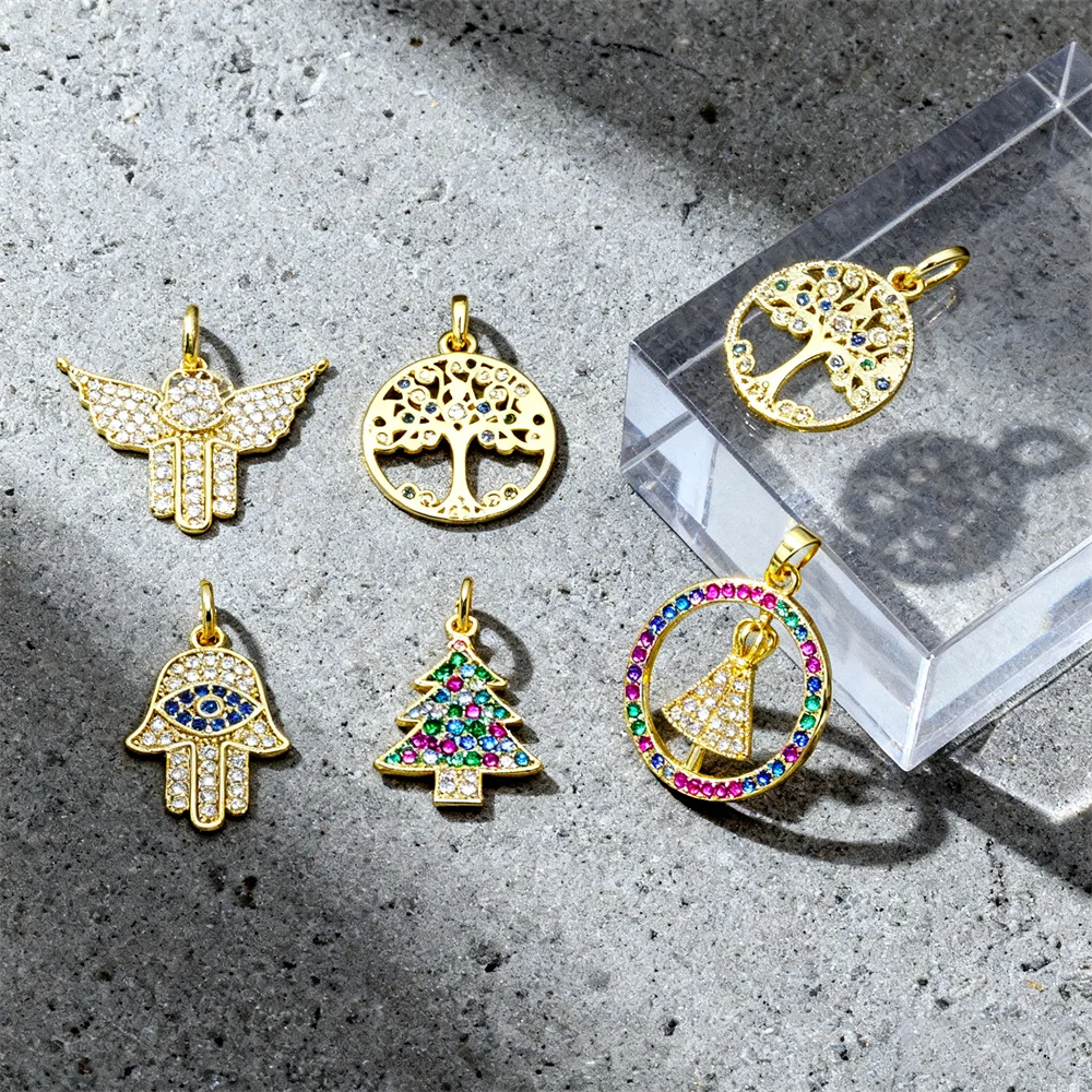 2Pcs Pendants Wing Tree Hamsa Hand Religious Parts Charm for DIY Jewelry Making Brass CZ Zirconia Women Men Bracelet Accessories