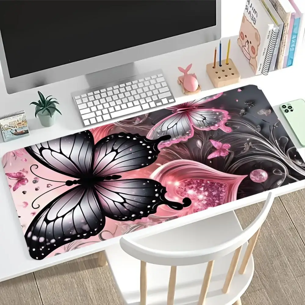 Pink Rose Black Butterfly Large Desk Mat Non Slip Stitched Edge Aesthetic Gaming Mouse Pad for Laptop Office Gaming view 3
