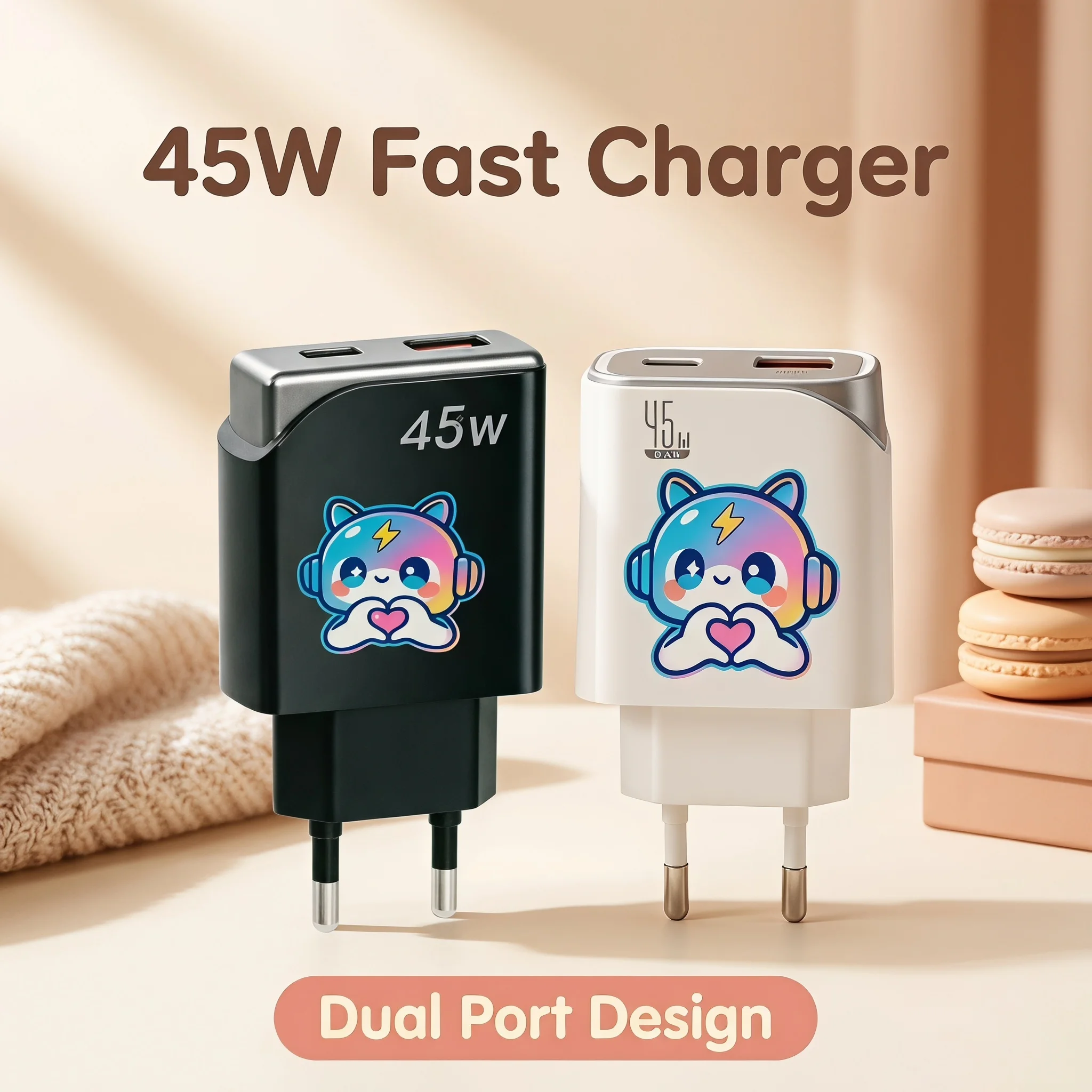 45W GaN Cute Cartoon Fast Charger EU Plug, Dual USB-A & Type-C Port Wall Charger for Multi Devices Home Office Travel