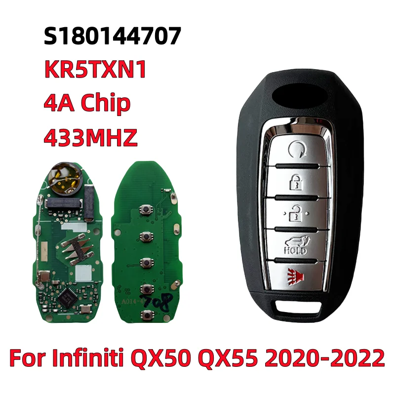 

S180144707 433.92MHz 285E3 - 5NY7A 4A Chip KR5TXN1 for Infiniti QX50 QX55 2020 2021 2022 Car Keykess Remote Key Fob 5 Buttons