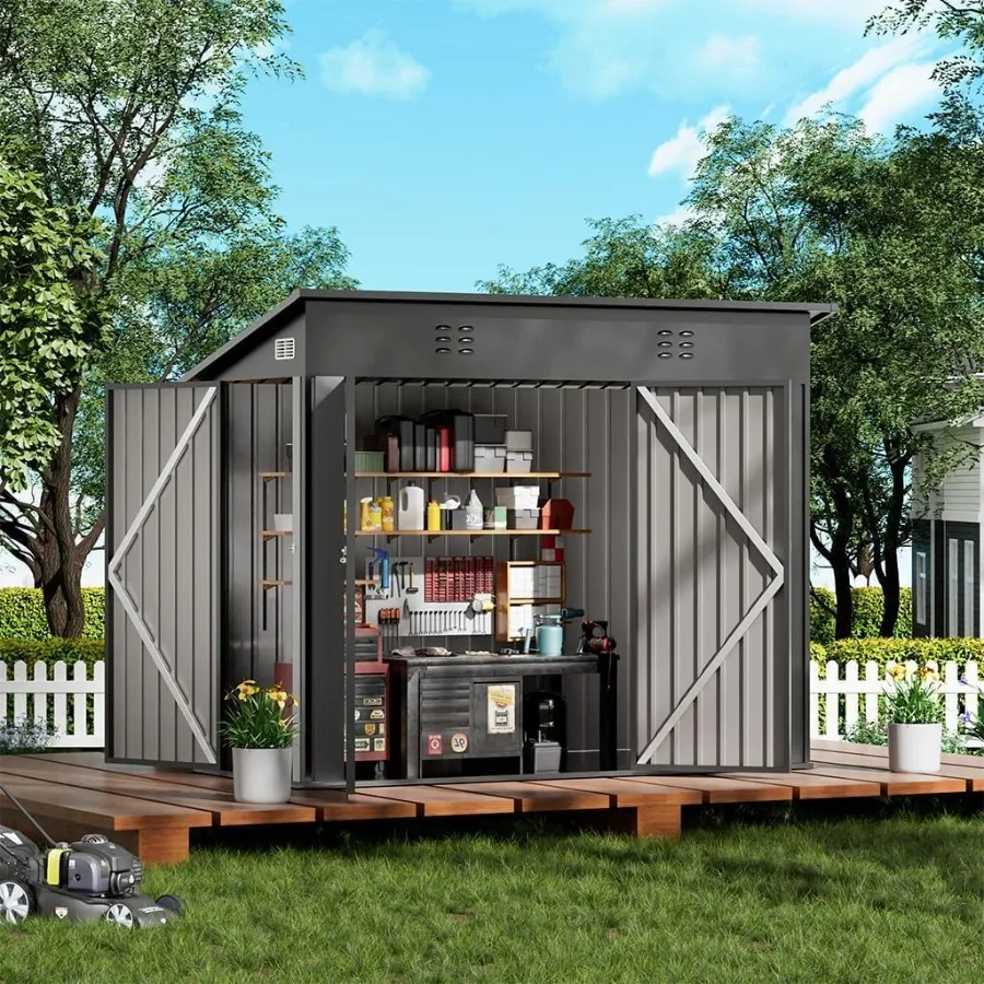 Outdoor Storage Shed For Garden Tools Utility Use Metal Construction Gray Durable Rust-Resistant Finish