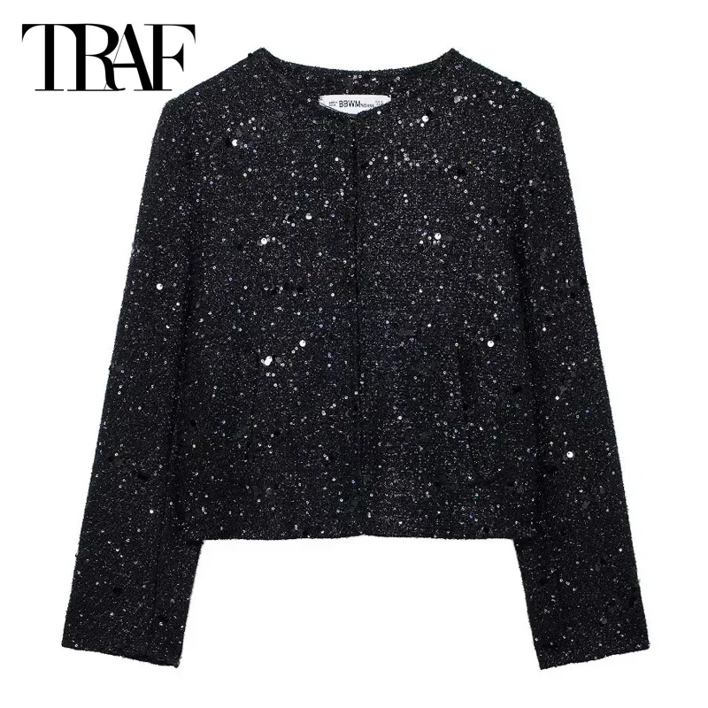 TRAF Textured Sequins Outerwears Women\'s Blazer Office Wear Women 2024 New In Coats Black Long Sleeve Blazer Autumn New Products