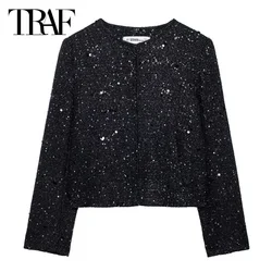 TRAF Textured Sequins Outerwears Women's Blazer Office Wear Women 2024 New In Coats Black Long Sleeve Blazer Autumn New Products