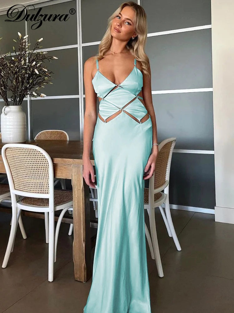 Dulzura-Vestido largo de satén con espalda descubierta y tirantes para mujer, traje liso sin mangas, sencillo y Sexy para fiesta y discoteca