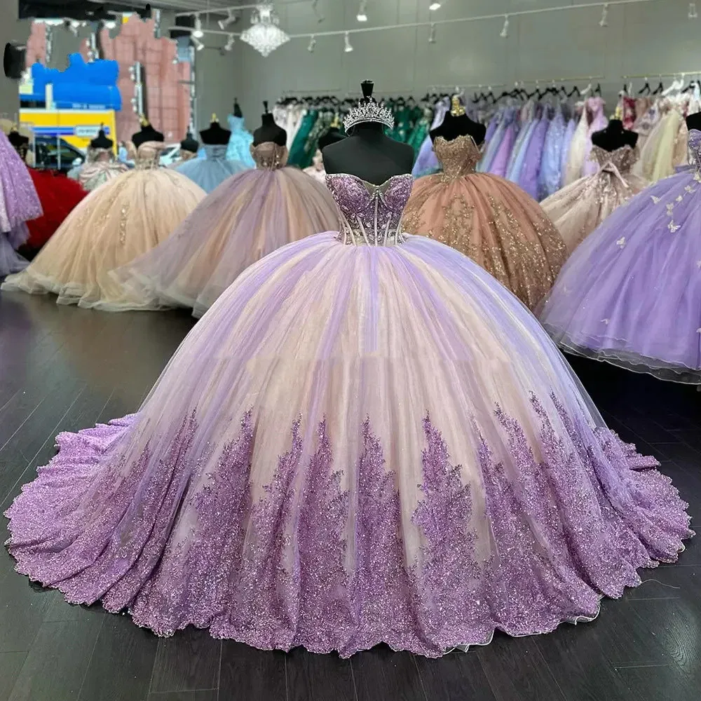 Vestido De baile De quinceañera con apliques De encaje Lila, corsé Popular, fiesta Formal De cumpleaños, 15 Años