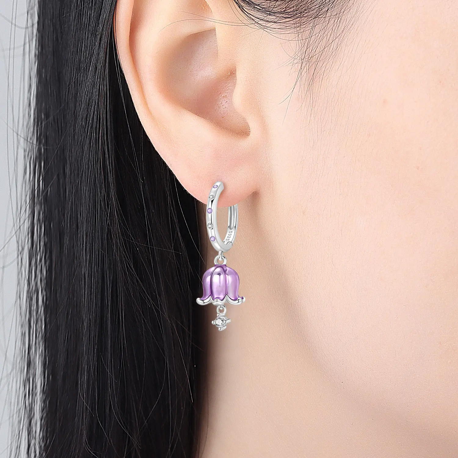 Original 925 Sterling Silber Ohrringe, Vielseitige Exquisite Hellviolette Rosa Blumen-Schmetterlings-Ohrringe, Schmuck für Frauen zum Geburtstag – Detail 2