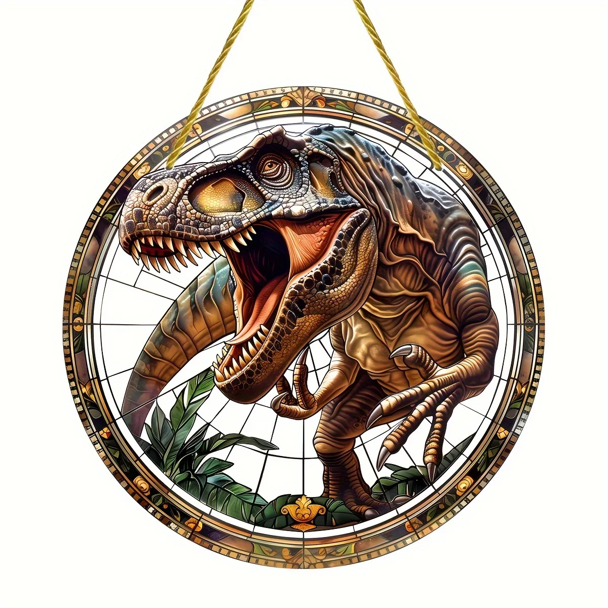 T-Rex Stained Glass Window Hanging-Round Acrylic Sun Catcher For All Seasons,Home&Garden Decor,Porch Accents,Unique Gift Idea