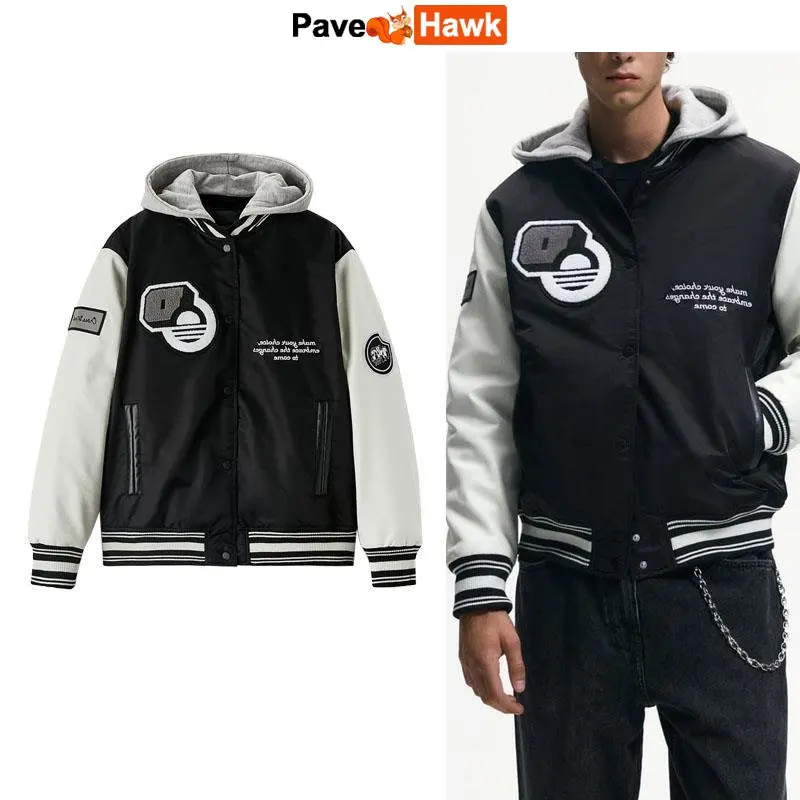

Baseball Jacket Men Za Bomber hooded Embroidered Flocking Retro Jackets Vintage Loose Patchwork Outerwear Autumn Varsity Outwear