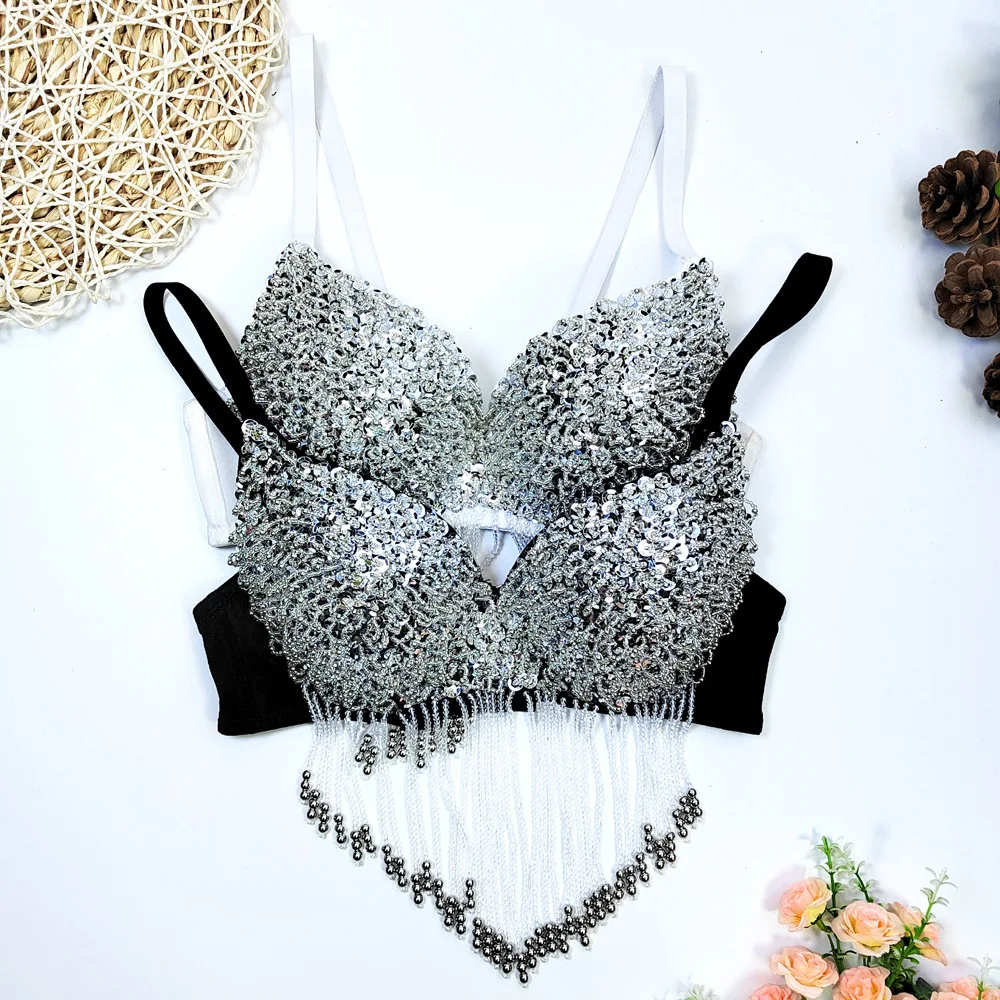 Novo estilo aberto de volta franjas halter topo sexy boate desempenho roupa palco carnaval festa busto-améliorando roupa interior