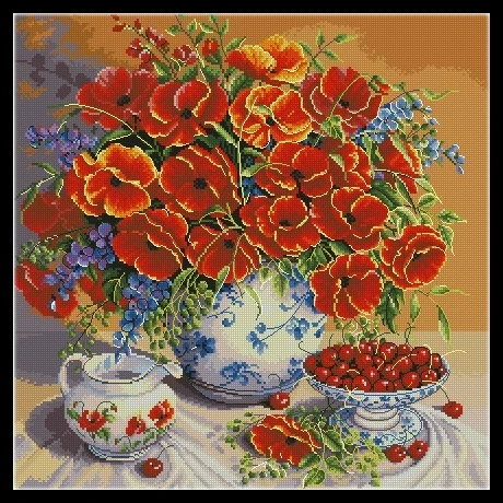 Kit de costura de amapolas de frutas Still Life, 18CT, 16CT, 14CT, Kits de punto de cruz sin imprimir, arte bordado, costura hecha a mano, decoración del hogar