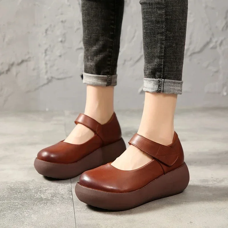 YAERNI Spring Summer Women Flat Platform Shoes Retro Shallow Round Toe Casual Shoes Women Genuine Leather Platform Shoes