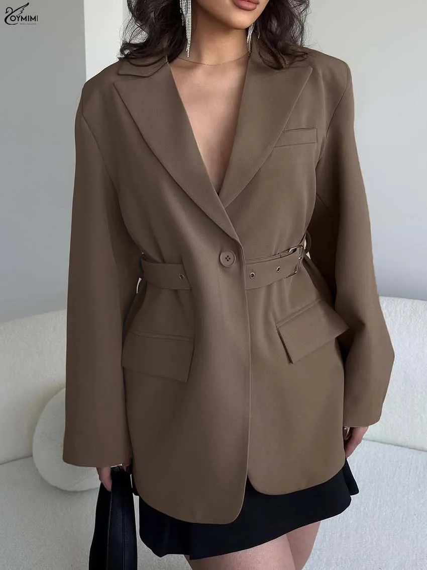 Oymimi Elegant Brown Lapel Woman Blouses Fashion Long Sleeve Single Button Pockets Blouses Autumn New Solid Sashes Shirts Female