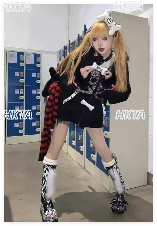 

Subculture Punk Pink and Black 3D Ear Sweatshirt Coat Women Autumn Winter New Y2K Millennium Gothic Furry Sweatshirt Jacket