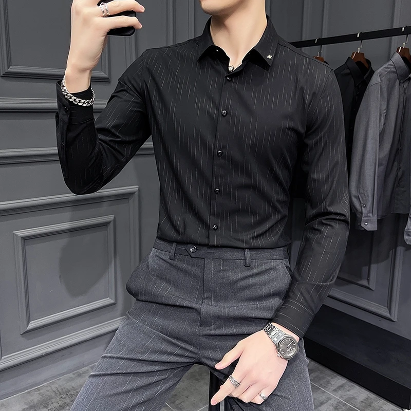 

Autumn Casual Business Shirt for Men Long Sleeve Slim Fit Dress Shirts Social Party Tuxedo Versatile Shirt Menclothing 2024