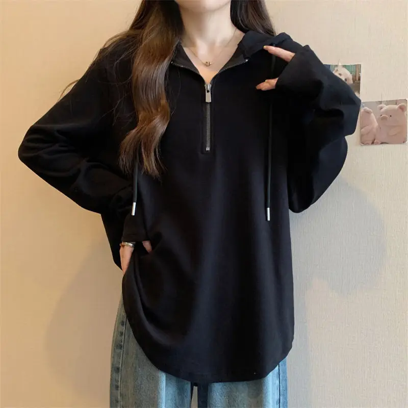 Basic Long Sleeve Zipper T-shirt Female Clothing Solid Color 2024 Spring Autumn Casual Loose Hooded Stylish Drawstring Pullovers