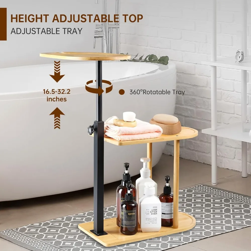صينية حوض استحمام من الخيزران مكونة من 3 طبقات مع 360 درجة ° طاولة جانبية دوارة قابلة للتعديل للحمامات والشقق الصغيرة #4