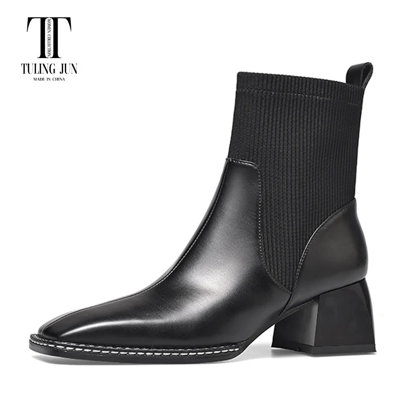 

TULING JUN2023 Spring Autumn Elastic Band Simple Temperament Skinny Women's Boots Square Toe Chunky High Heel Shoes For Women L