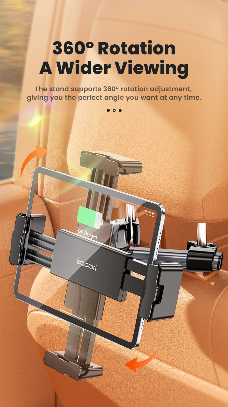 Toocki 360 ° Auto-Rücksitz-Handyhalterung mit Gleitschienen-Design, Tablet-Ständer für Kopfstützenmontage, 4,7-12,9 Zoll – Detail 3