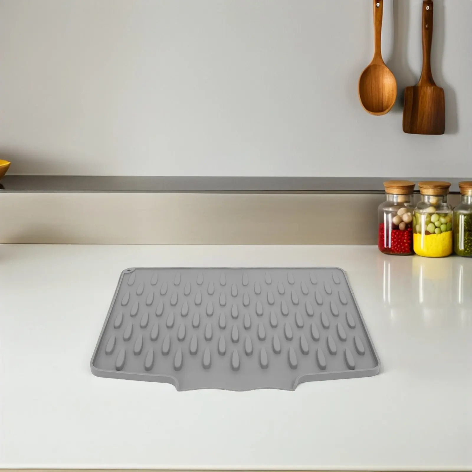 Silicone Dish Drying Mat Kitchen Counter Non-Slip Heat Resistant Grooved Fast Drainage Pad 40x33cm Grey Flexible Foldable Sink
