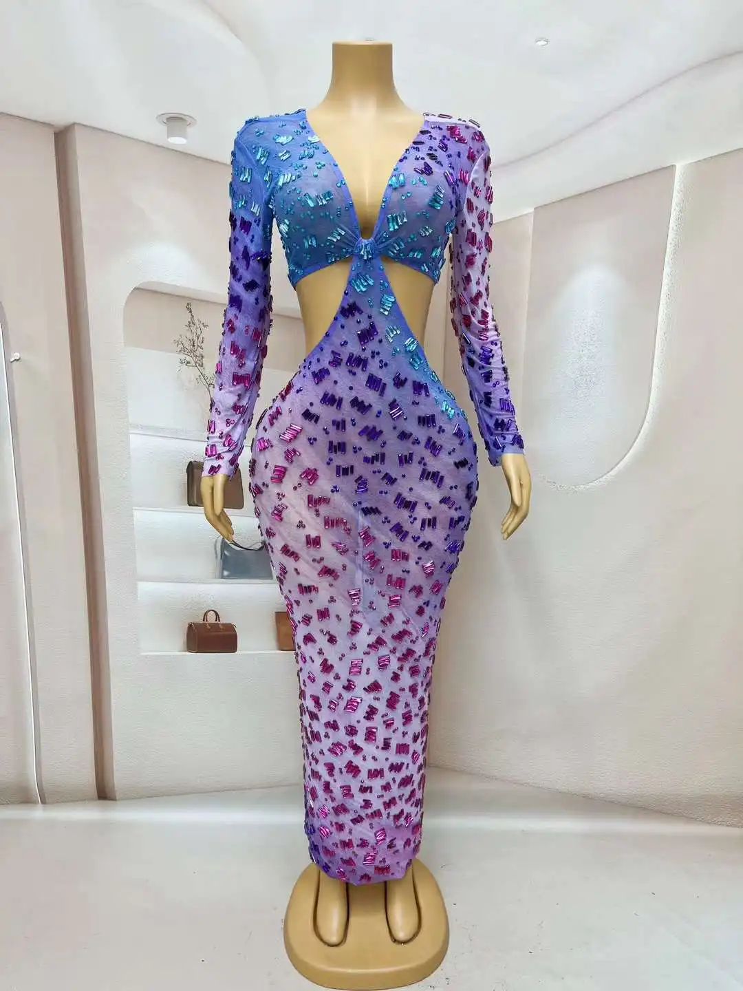 

Colorful Luxurious Rhinestones Hollow Waist Dress Long Sleeves Transparent Outfit Dance Sexy Costume Birthday Photoshoot Dress