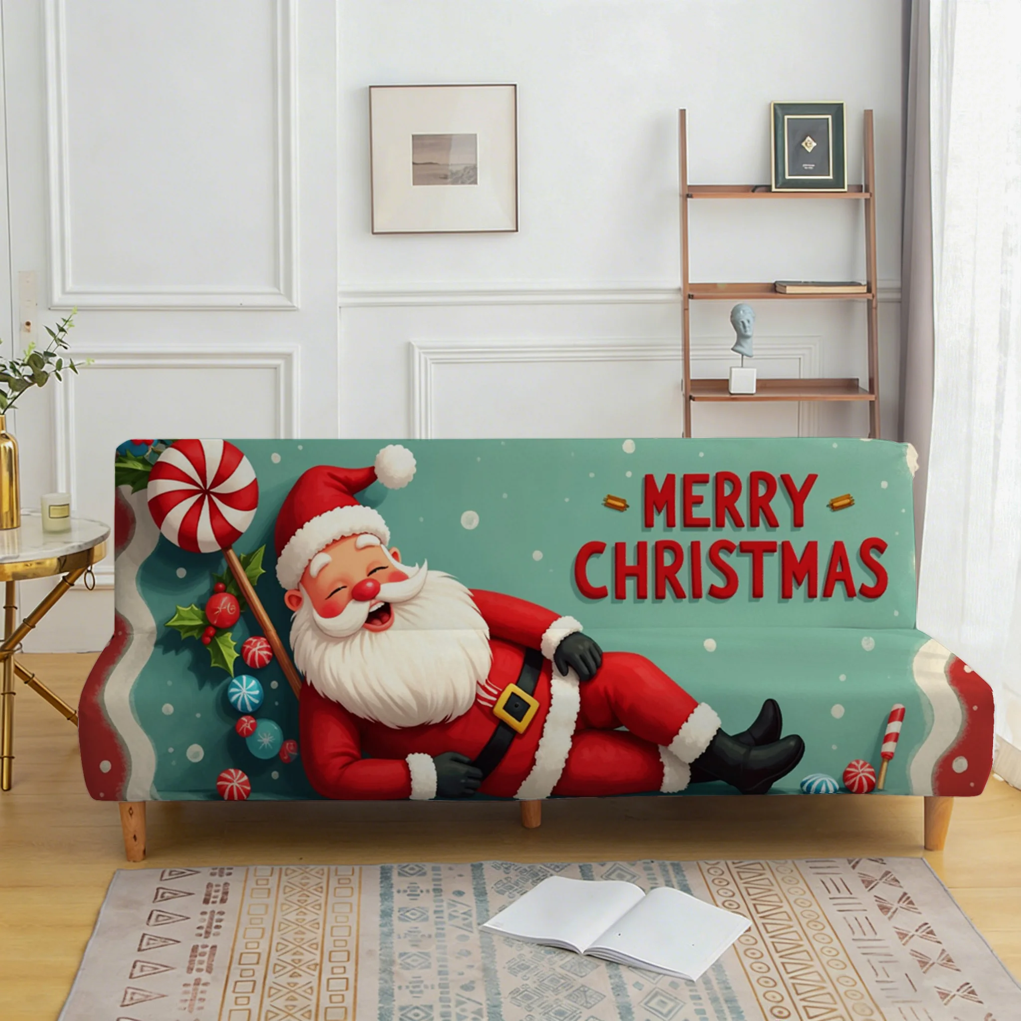 1PC Christmas Santa candy printed elastic folding sofa bed cover, Christmas holiday decoration, for sofa bed without armrests