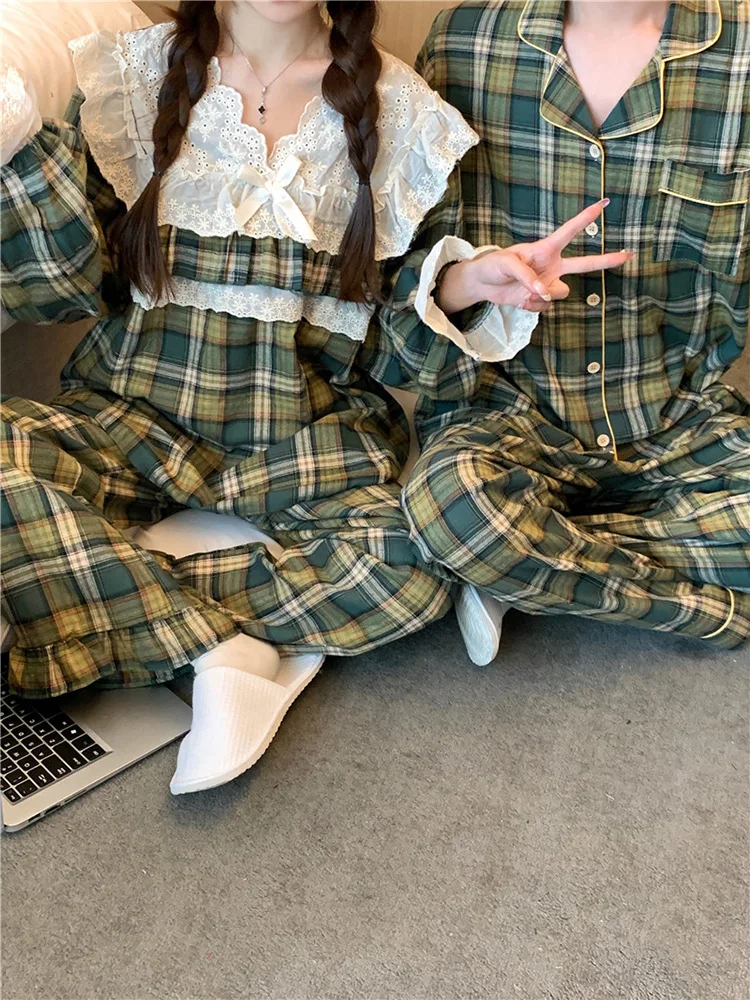 Lover New Home Warm Plaid allentato semplice coreano manica lunga pigiama Set donna coppia Kawaii elegante Casual confortevole pigiameria