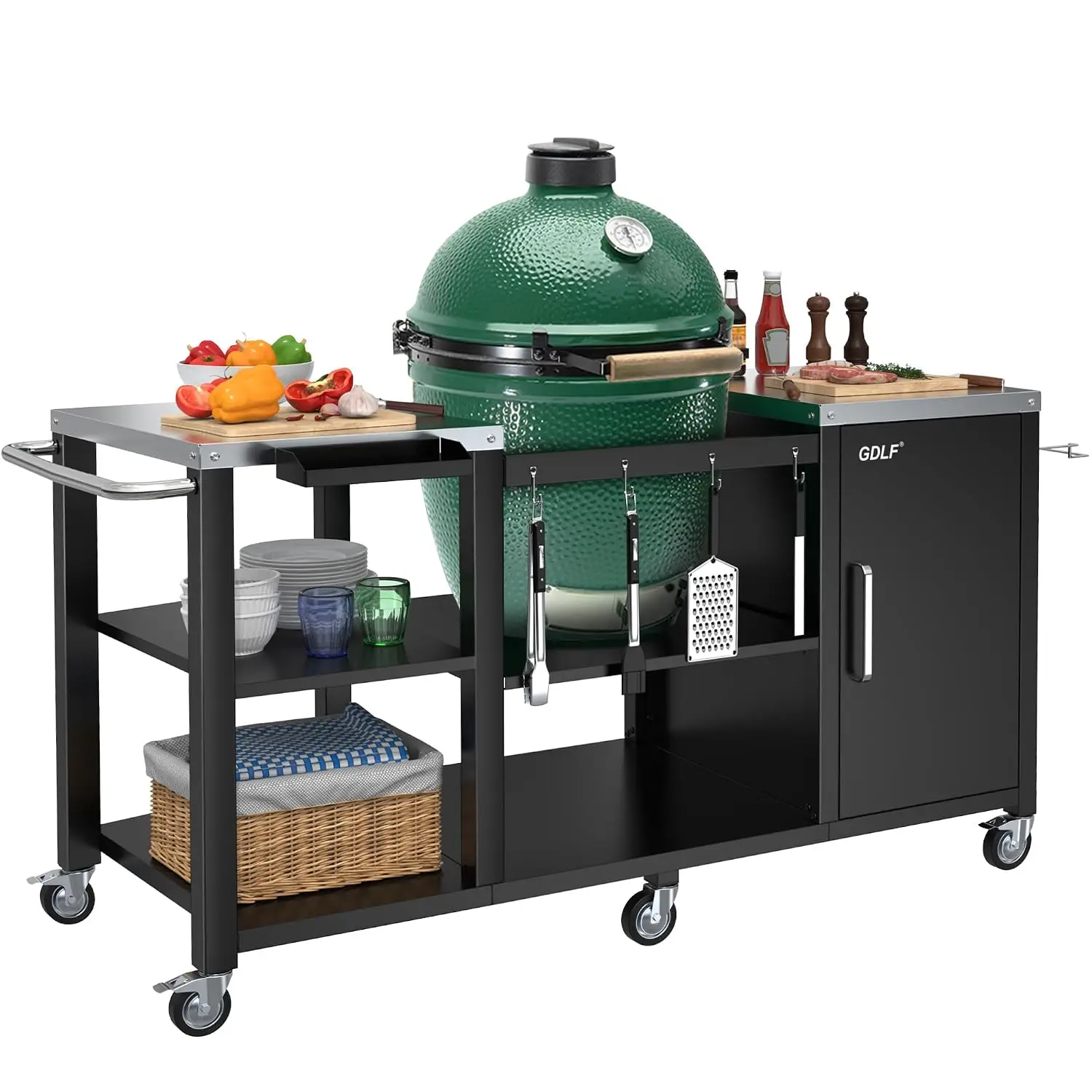 Compatible With Large Big Green Egg, Kamado Joe Classic, Stainless Steel Prep Tops, Enclosed Storage Cabinet, Locking Wheels