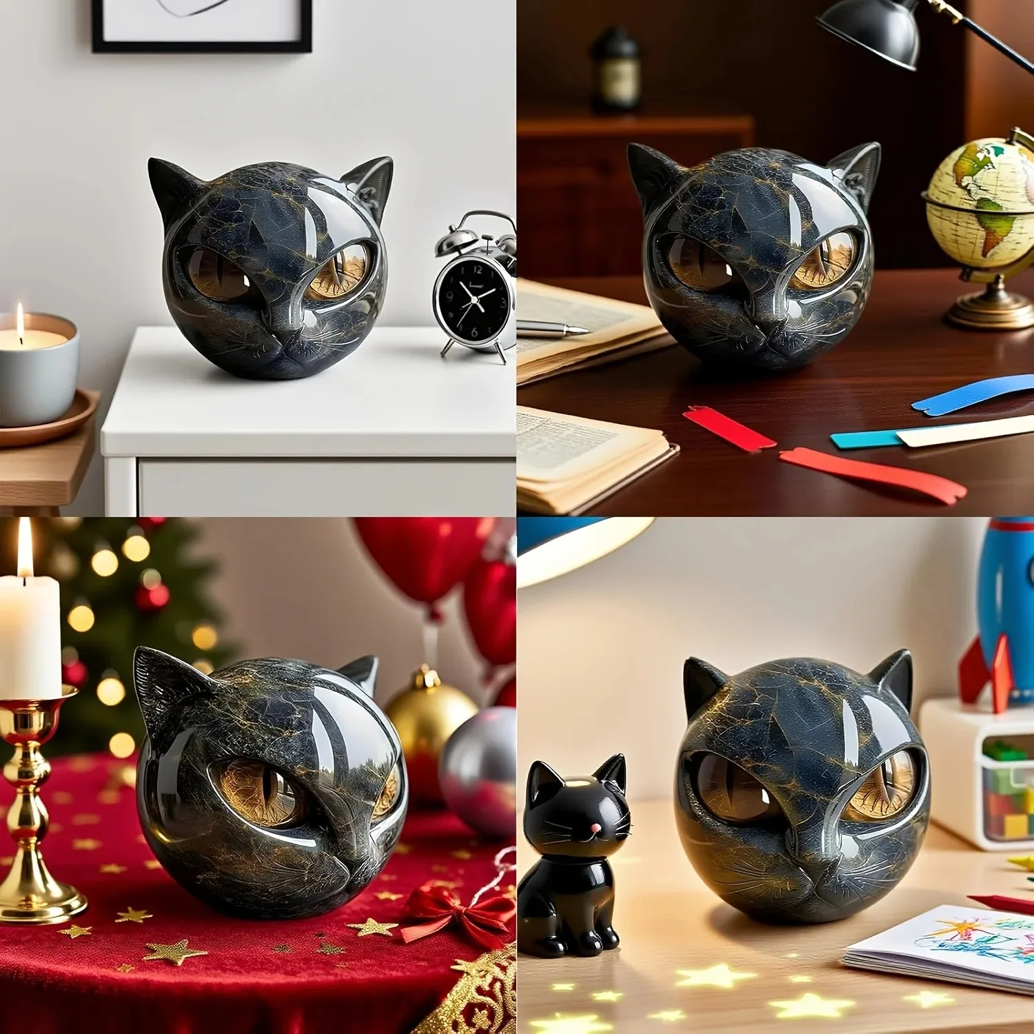 Black Cat Figurine Resin Cat Head Healing Stone Marble Texture Cat Stone Resin Cat Sculpture Ornament for Home Office Desk Decor