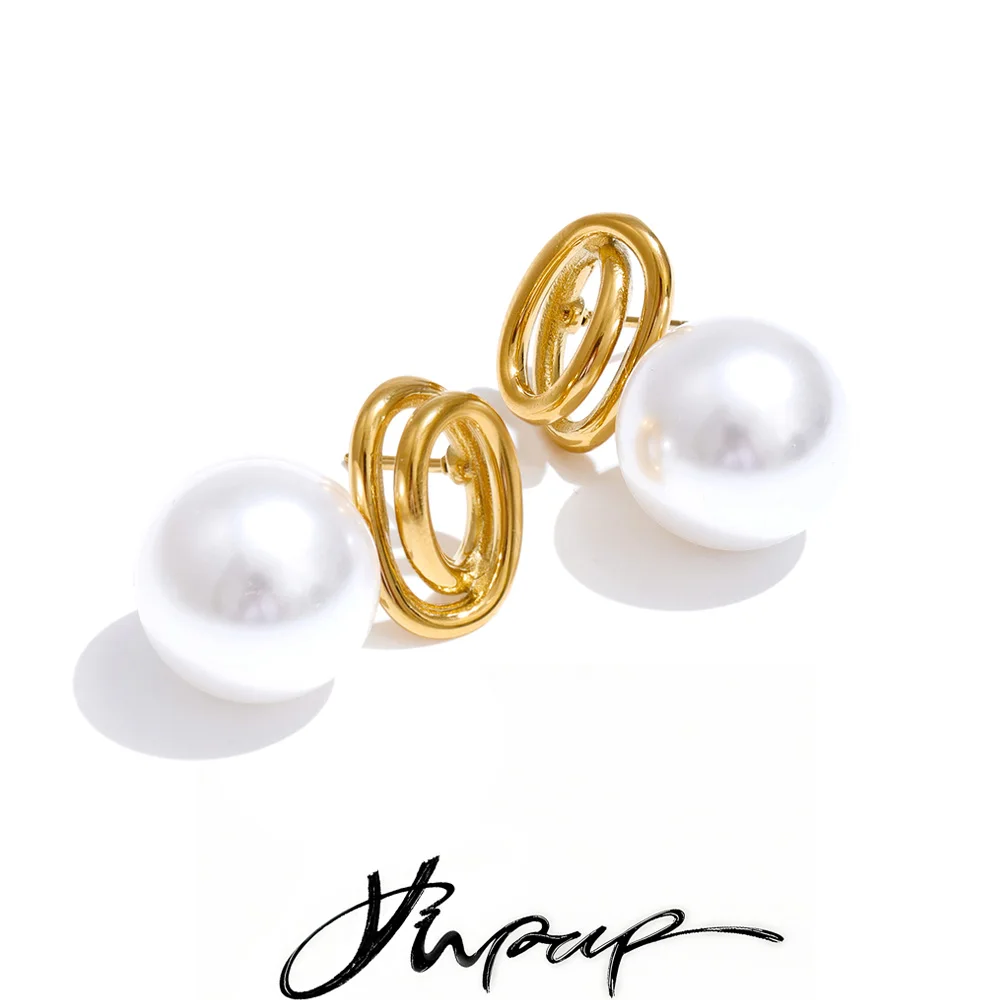 Yhpup New Arrivals Simulated Pearls Round Geometric Stud Earrings Rust Proof Metal Stainless Steel Korean Fashion Daily Jewelry